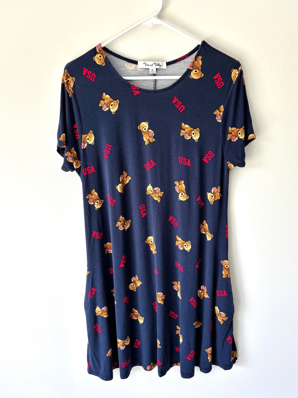 Vine and Valley Navy Blue Short Sleeve Dress Teddy Bear USA American Flag